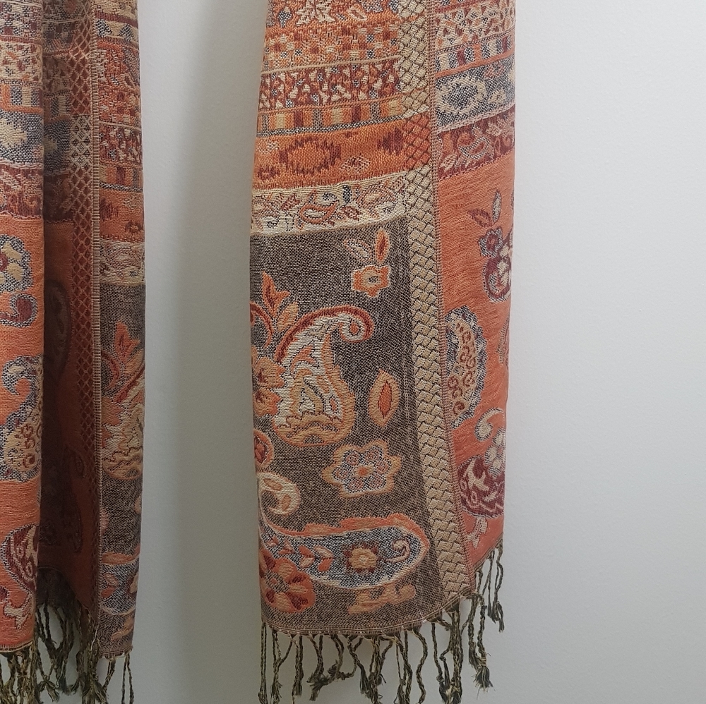 Orange and Silver Paisley Pashmina Scarf - Picture 3 of 7